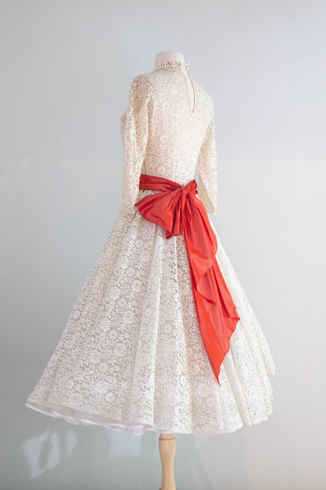 Stunning 1950's Ivory Lace Party Dress With Scarlet Sash & Sequins / Small