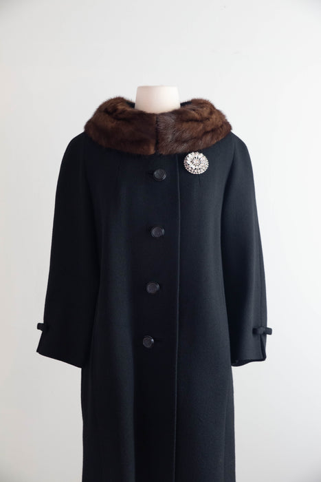 Elegant Late 1950’s Rothmoor Wool Coat with Bows and Mink Collar With Brooch / M