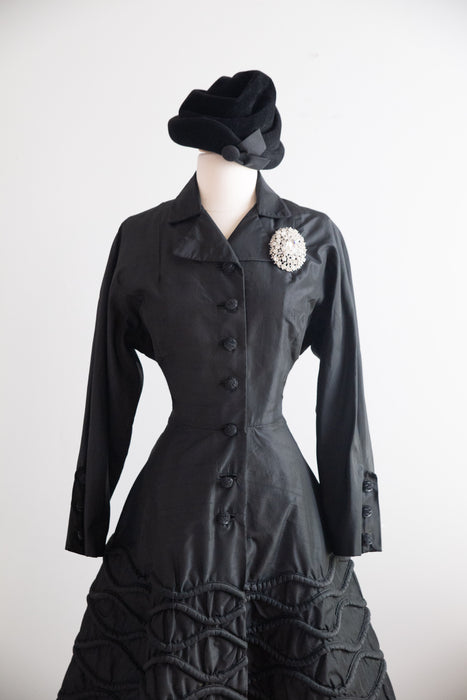 Exquisite 1950's Joseph Magnin Silk Princess Coat With Trapunto Skirt and Pink Lining / M