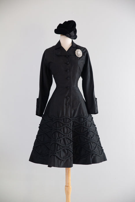 Exquisite 1950's Joseph Magnin Silk Princess Coat With Trapunto Skirt and Pink Lining / M