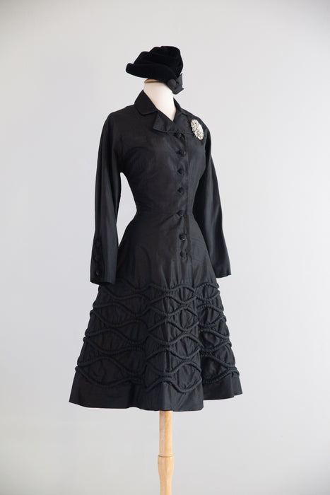 Exquisite 1950's Joseph Magnin Silk Princess Coat With Trapunto Skirt and Pink Lining / M