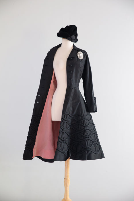 Exquisite 1950's Joseph Magnin Silk Princess Coat With Trapunto Skirt and Pink Lining / M