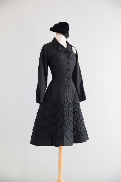 Exquisite 1950's Joseph Magnin Silk Princess Coat With Trapunto Skirt and Pink Lining / M