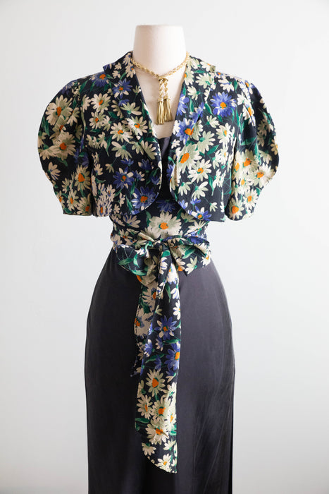 Beautiful 1930's Daisy Print Rayon Crepe Bolero & Sash by Hollywood Starlettes / M