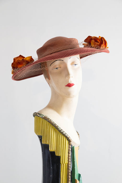 Elegant 1950's Autumnal Straw Hat With Velvet Roses By Phil Strann / OS