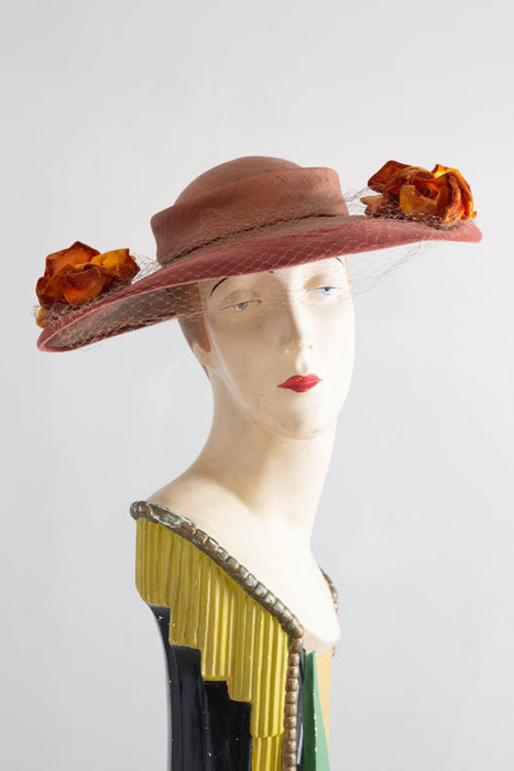 Elegant 1950's Autumnal Straw Hat With Velvet Roses By Phil Strann / OS