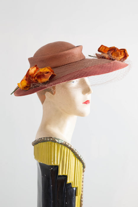 Elegant 1950's Autumnal Straw Hat With Velvet Roses By Phil Strann / OS