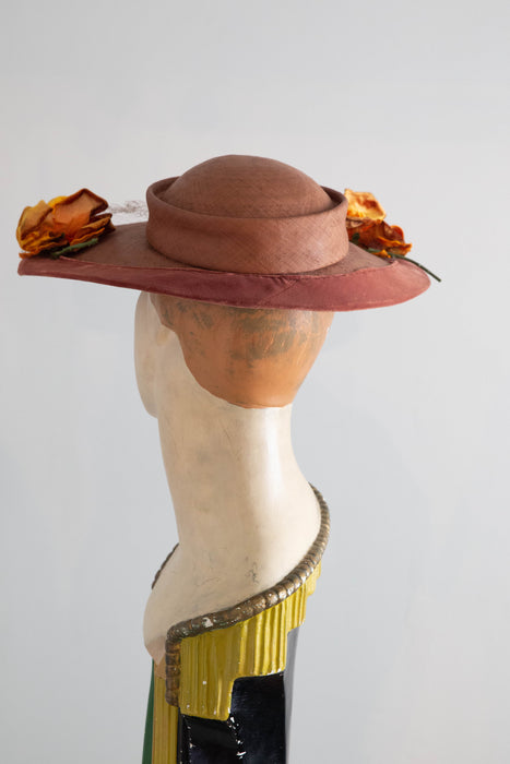 Elegant 1950's Autumnal Straw Hat With Velvet Roses By Phil Strann / OS