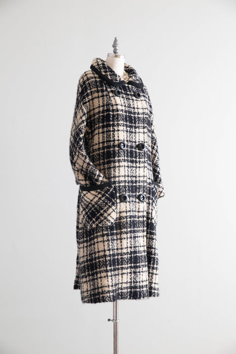 Classic 1960s Modelia Black and Ivory Wool Boucle Cocoon Coat / M