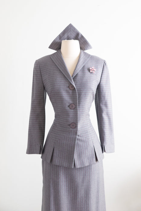 Rare Late 1940's Irene Lentz Grey Wool Pinstripe Ladies Suit With Pink Lining / M