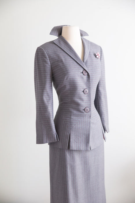 Rare Late 1940's Irene Lentz Grey Wool Pinstripe Ladies Suit With Pink Lining / M