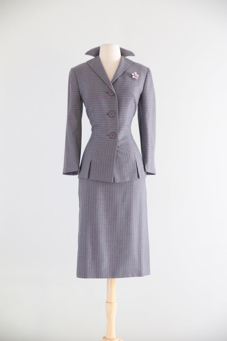 Rare Late 1940's Irene Lentz Grey Wool Pinstripe Ladies Suit With Pink Lining / M