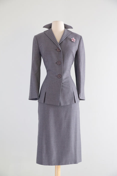Rare Late 1940's Irene Lentz Grey Wool Pinstripe Ladies Suit With Pink Lining / M