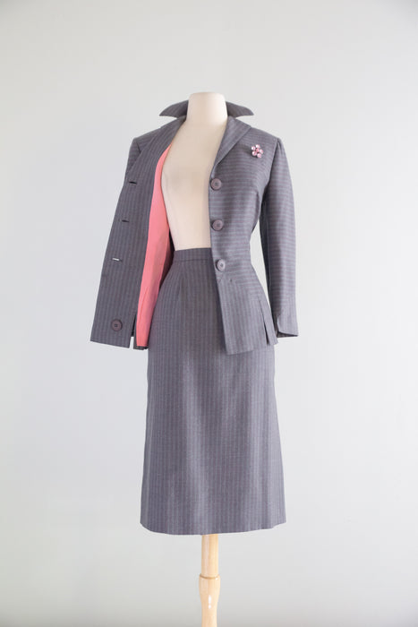 Rare Late 1940's Irene Lentz Grey Wool Pinstripe Ladies Suit With Pink Lining / M