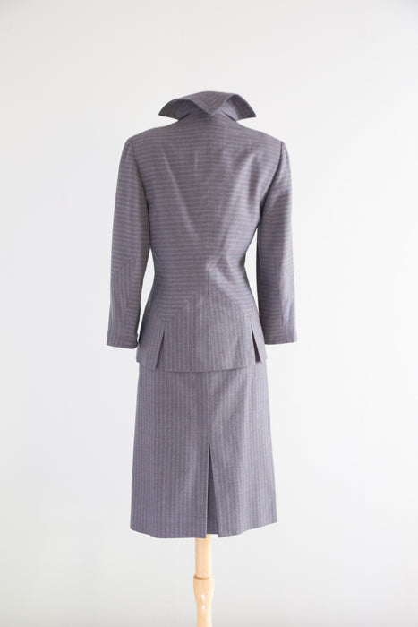 Rare Late 1940's Irene Lentz Grey Wool Pinstripe Ladies Suit With Pink Lining / M