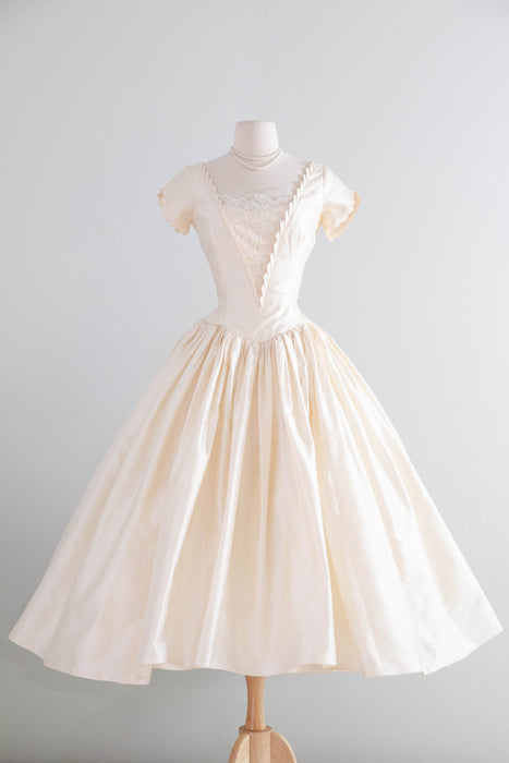 Exquisite 1950's Ivory Silk  Ballet Length Wedding Dress / S