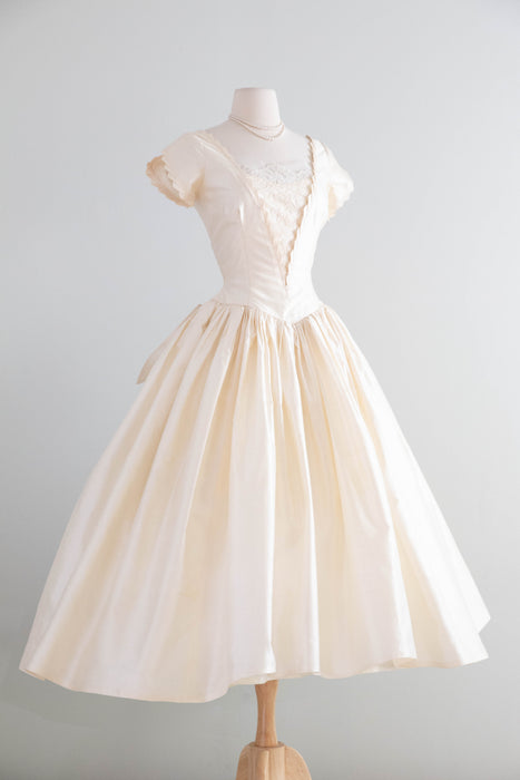 Exquisite 1950's Ivory Silk  Ballet Length Wedding Dress / S