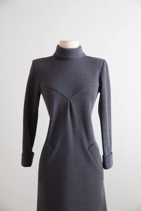 Vintage Nina Ricci Paris Charcoal Wool Dress, circa late 1960s–early 1970s / SM