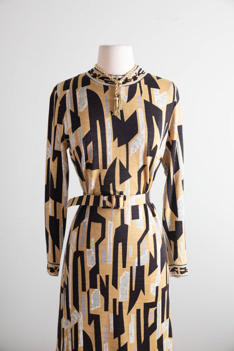 Chic 1970's Frederick Altmann Austrian Handprint Brutalist Wool Dress / ML