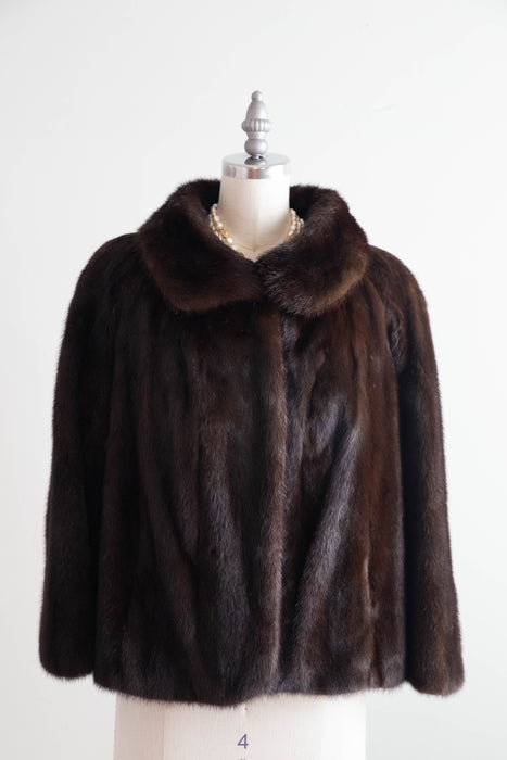 Gorgeous 1950's Dark Mahogany Mink Jacket With Embroidered Silk Lining / SM