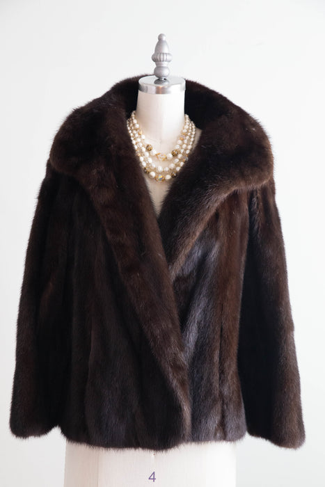 Gorgeous 1950's Dark Mahogany Mink Jacket With Embroidered Silk Lining / SM