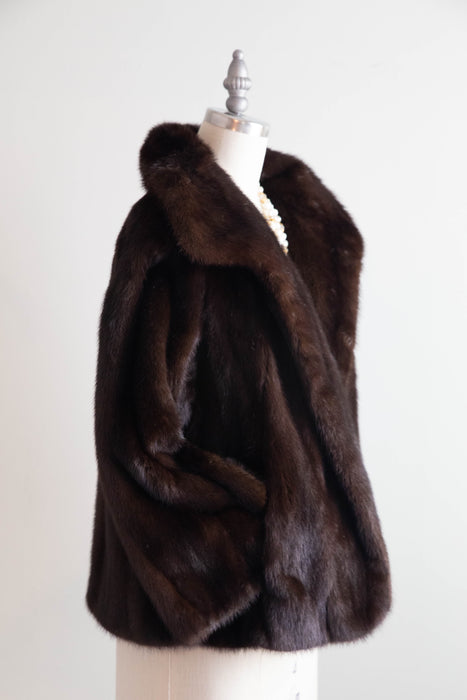 Gorgeous 1950's Dark Mahogany Mink Jacket With Embroidered Silk Lining / SM