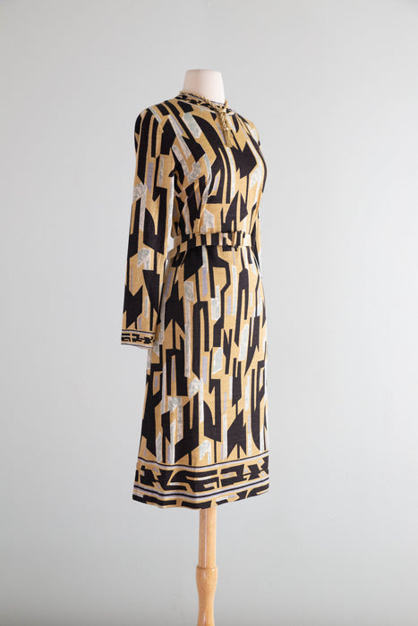 Chic 1970's Frederick Altmann Austrian Handprint Brutalist Wool Dress / ML