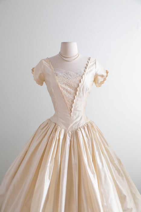 Exquisite 1950's Ivory Silk  Ballet Length Wedding Dress / S