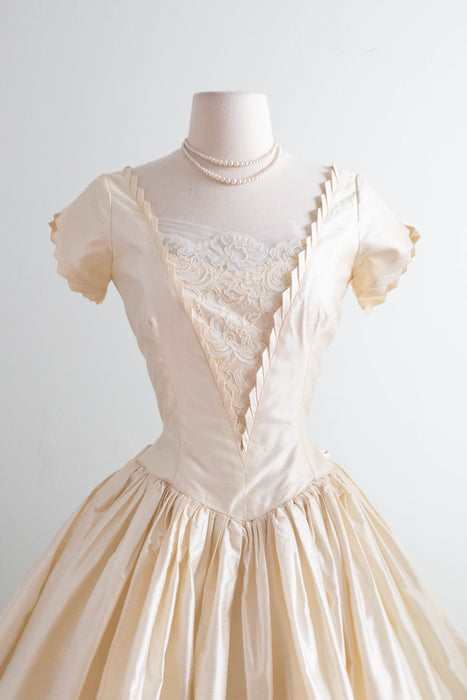 Exquisite 1950's Ivory Silk  Ballet Length Wedding Dress / S