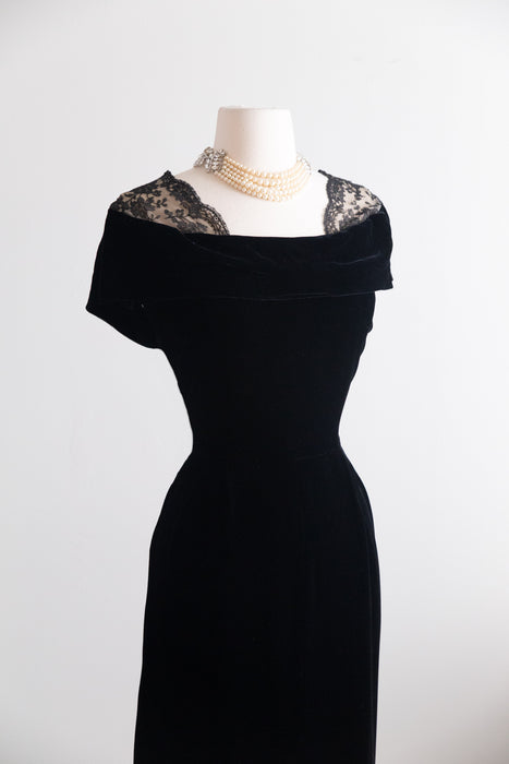 Iconic Early 1950's Nettie Rosenstein Black Silk Velvet Evening Dress with Chantilly Lace Shoulders / M