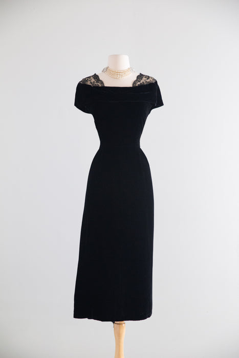 Iconic Early 1950's Nettie Rosenstein Black Silk Velvet Evening Dress with Chantilly Lace Shoulders / M