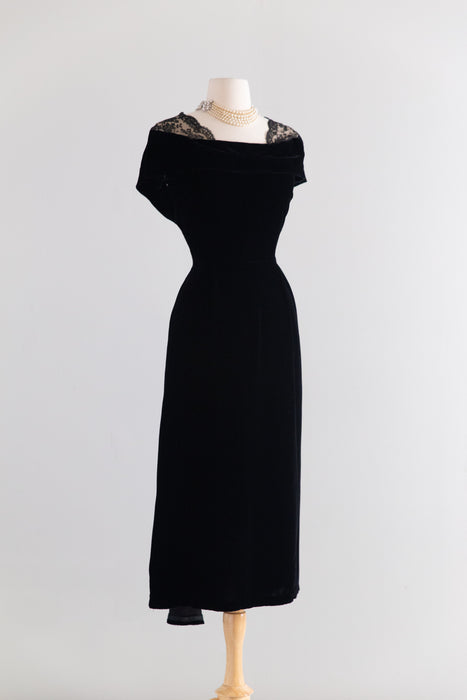 Iconic Early 1950's Nettie Rosenstein Black Silk Velvet Evening Dress with Chantilly Lace Shoulders / M