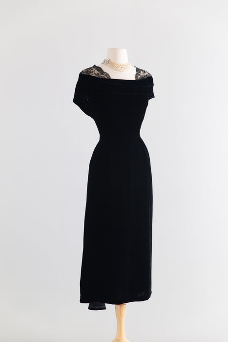 Iconic Early 1950's Nettie Rosenstein Black Silk Velvet Evening Dress with Chantilly Lace Shoulders / M