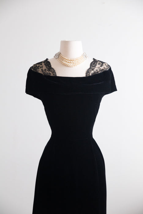 Iconic Early 1950's Nettie Rosenstein Black Silk Velvet Evening Dress with Chantilly Lace Shoulders / M