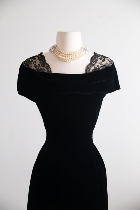 Iconic Early 1950's Nettie Rosenstein Black Silk Velvet Evening Dress with Chantilly Lace Shoulders / M