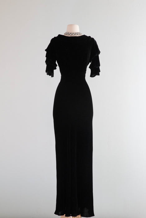 Sublime 1930's Black Silk Velvet Cut Evening Gown With Ruffled Sleeves / Small