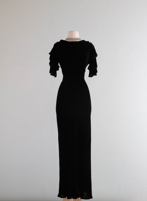 Sublime 1930's Black Silk Velvet Cut Evening Gown With Ruffled Sleeves / Small