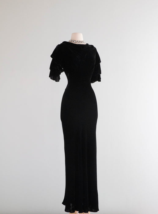 Sublime 1930's Black Silk Velvet Cut Evening Gown With Ruffled Sleeves / Small