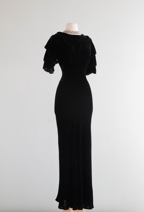 Sublime 1930's Black Silk Velvet Cut Evening Gown With Ruffled Sleeves / Small