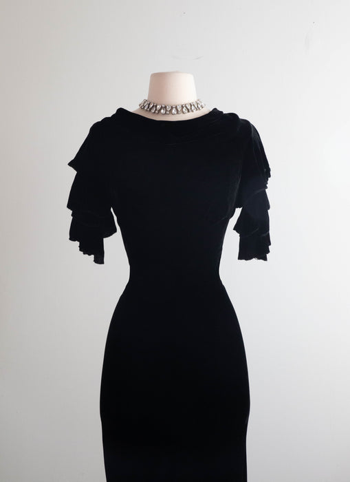 Sublime 1930's Black Silk Velvet Cut Evening Gown With Ruffled Sleeves / Small