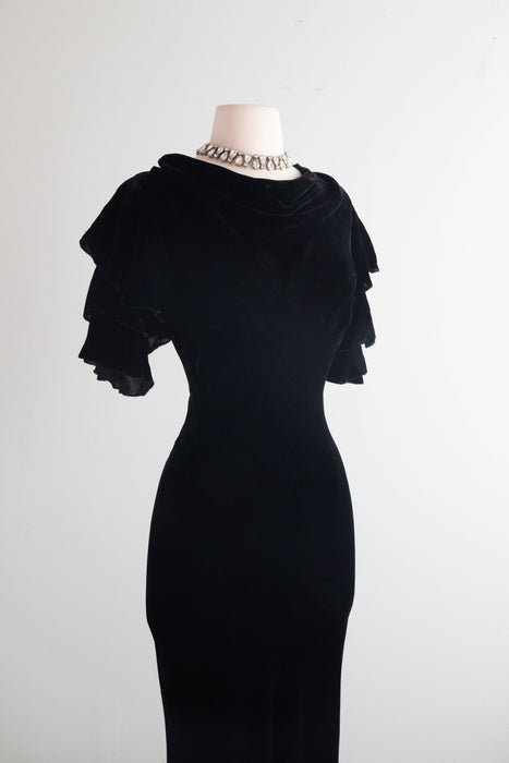 Sublime 1930's Black Silk Velvet Cut Evening Gown With Ruffled Sleeves / Small