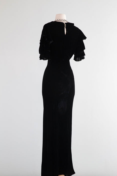 Sublime 1930's Black Silk Velvet Cut Evening Gown With Ruffled Sleeves / Small