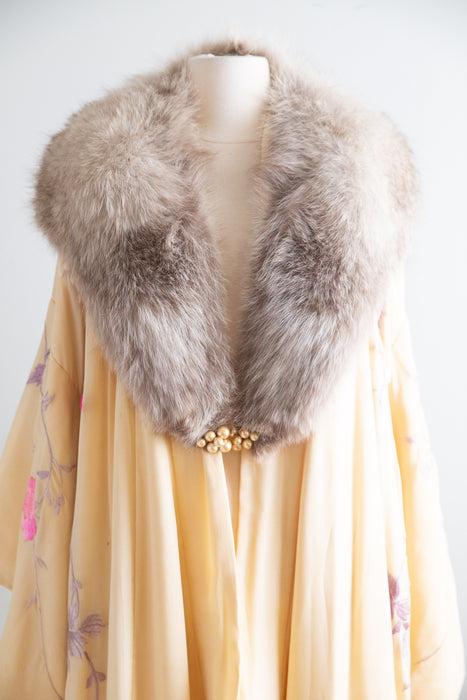 Spectacular Couture Antique Silk Kimono With Fox Fur Collar / OS