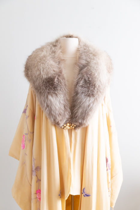 Spectacular Couture Antique Silk Kimono With Fox Fur Collar / OS