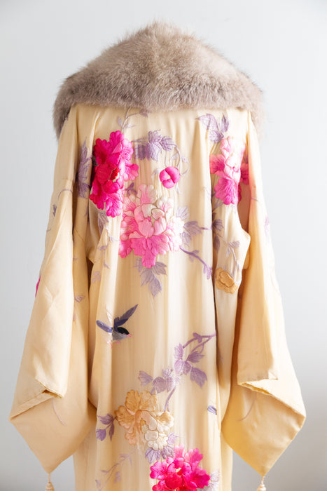 Spectacular Couture Antique Silk Kimono With Fox Fur Collar / OS