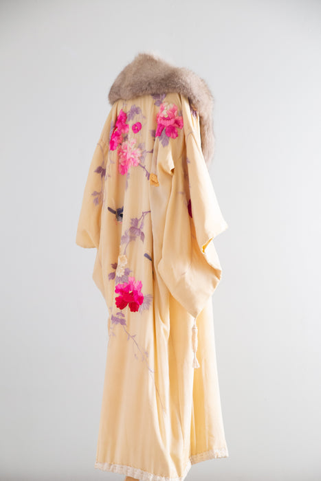 Spectacular Couture Antique Silk Kimono With Fox Fur Collar / OS