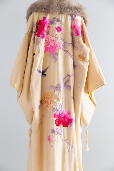 Spectacular Couture Antique Silk Kimono With Fox Fur Collar / OS