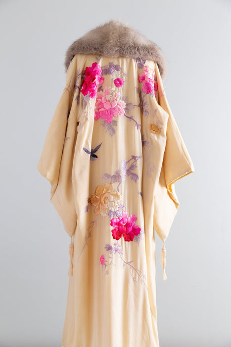 Spectacular Couture Antique Silk Kimono With Fox Fur Collar / OS