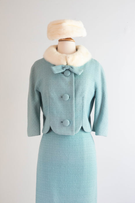 Iconic Late 1950's Lilli Ann Power Blue Suit With Mink Collar and Matching Hat / Medium