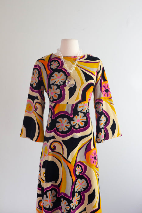 Fabulous 1960's Psychedelic Velvet Maxi Dress By Tori Richards / Medium